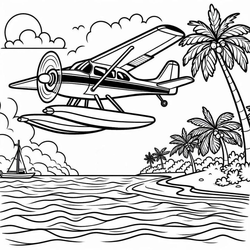 Desenho de hidroavião voando sobre mar com palmeiras e veleiro