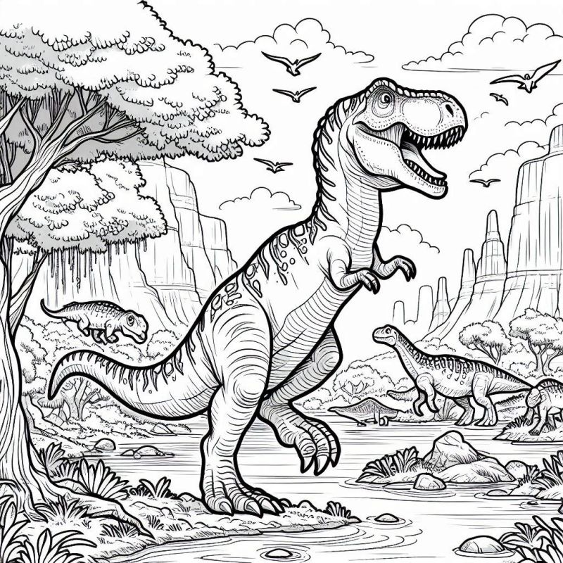 Cenário Pré-Histórico com Dinossauros para Colorir