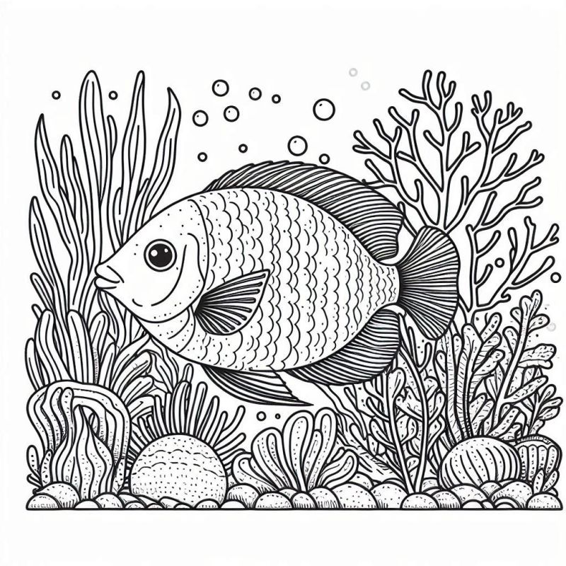 Cenário Subaquático com Peixe: Desenho Detalhado para Colorir