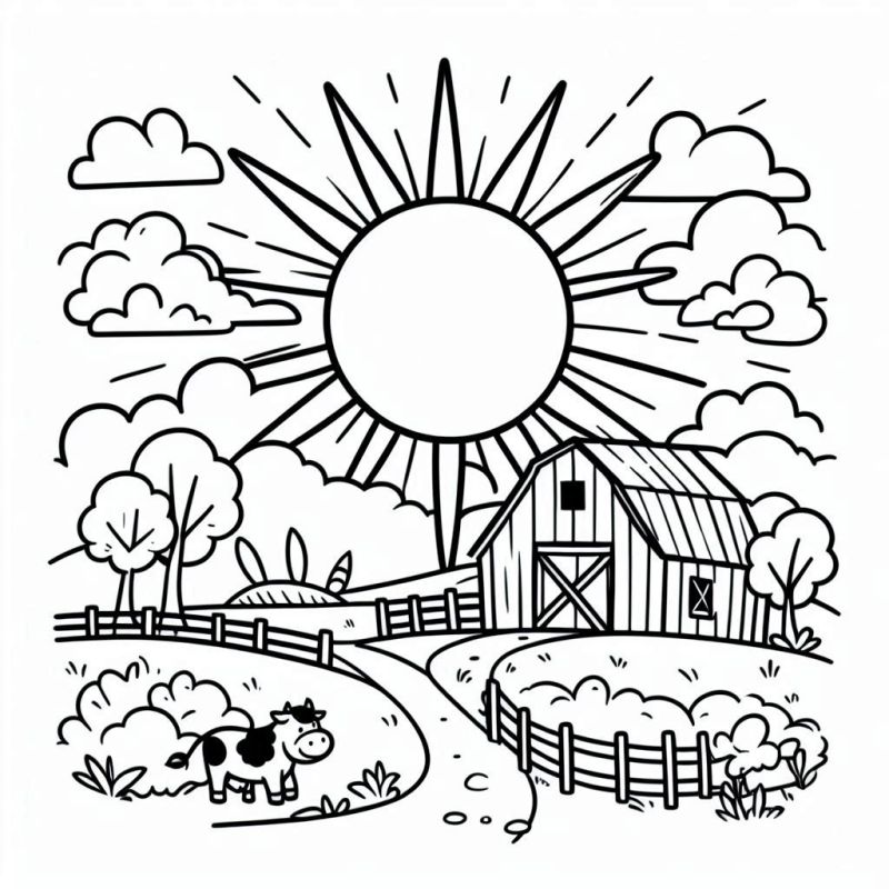 Cenário rural com sol, celeiro, vaca e árvores para colorir