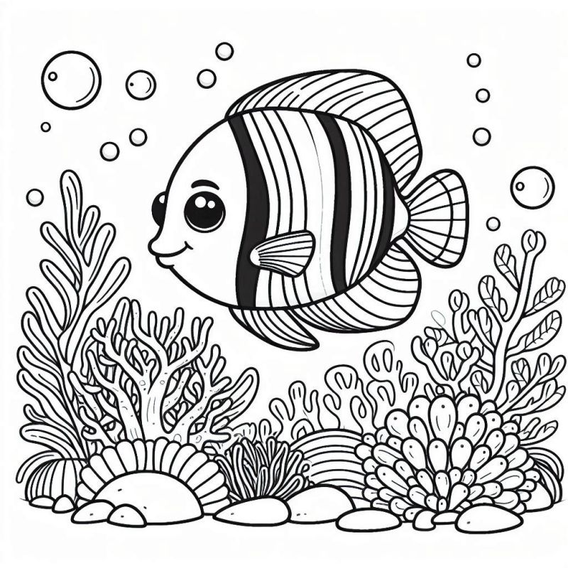 Desenho para colorir de cenário subaquático com peixe, corais e plantas marinhas