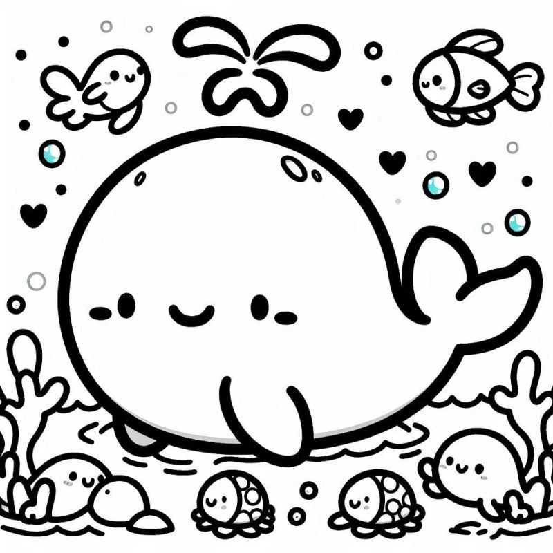 Desenho kawaii subaquático com baleia e animais alegres para colorir