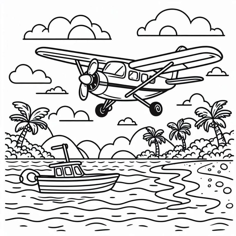 Desenho de Cenário Tropical com Avião para Colorir