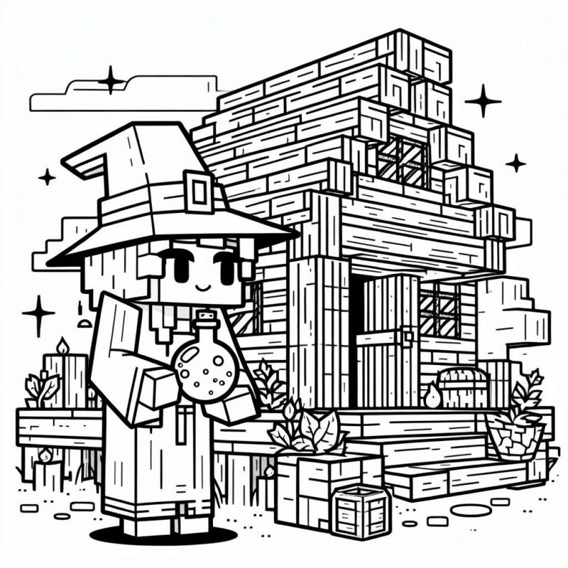 Desenho: Mago Pixelado no Cenário Minecraft