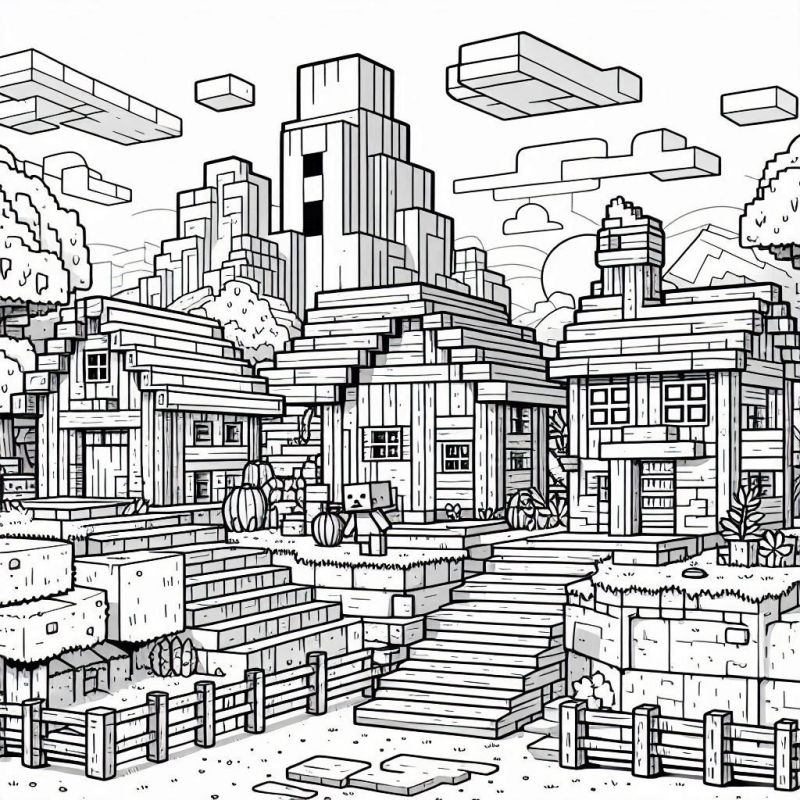 Desenho para colorir de um cenário detalhado de Minecraft com casas, cercas e vegetação.