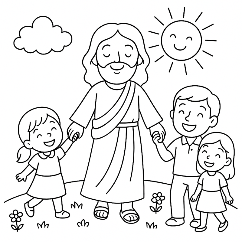 Desenho Alegre de Jesus e Crianças no Campo