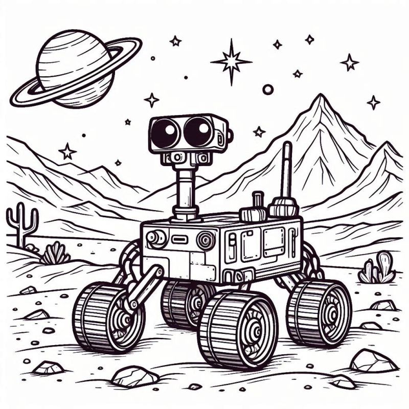 Desenho do Espaço Detalhado para Colorir: Planetas e Robô