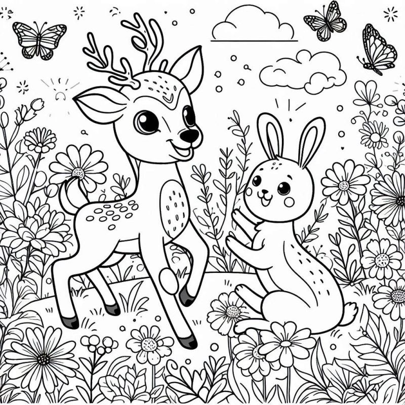 Desenho de cervo e coelho em um campo mágico para colorir