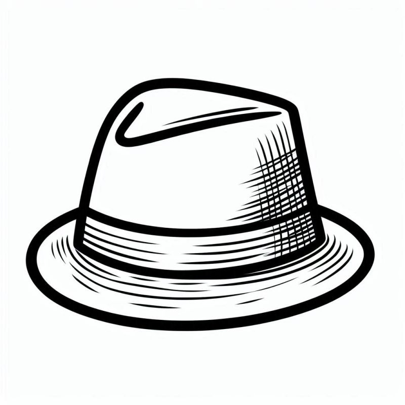 Desenho de chapéu fedora estilizado preto e branco para colorir