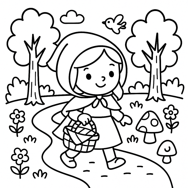 Ilustração de Chapeuzinho Vermelho na Trilha da Floresta para Colorir