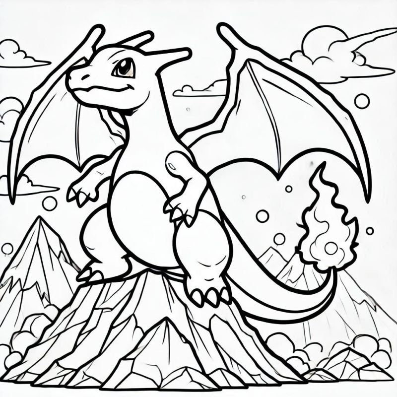 Desenho de Charizard no topo de uma montanha com sua cauda em chama