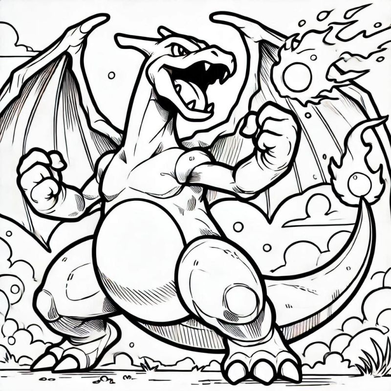 Desenho do Charizard imponente e dracônico com asas abertas e chamas