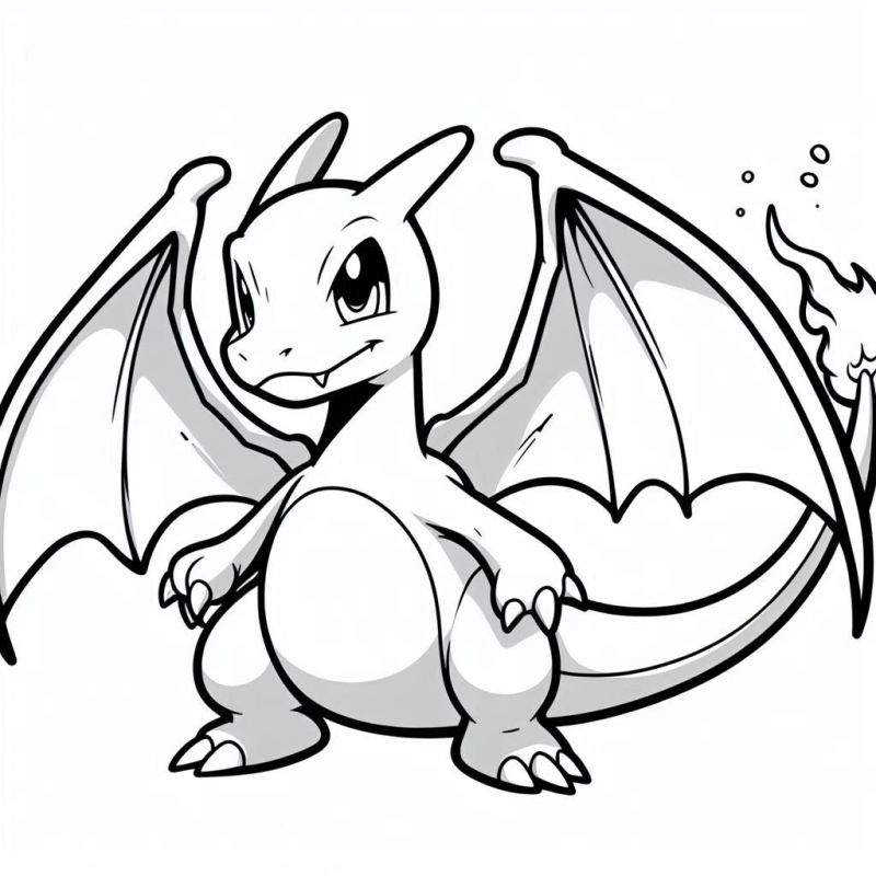 Desenho para colorir do Charizard em postura determinada com asas e chama.