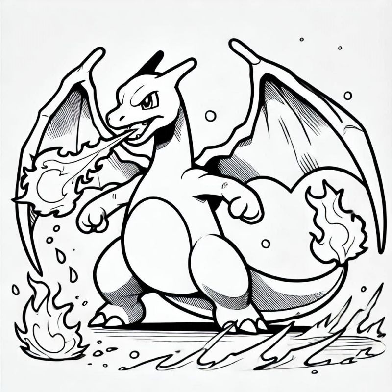 Charizard soltando fogo com asas abertas para colorir