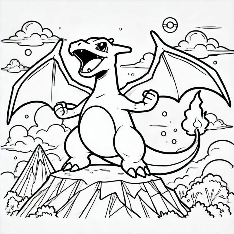 Imagem de Charizard, o Pokémon dragão, sobre uma montanha, com asas abertas e chamando a atenção com sua chama na cauda