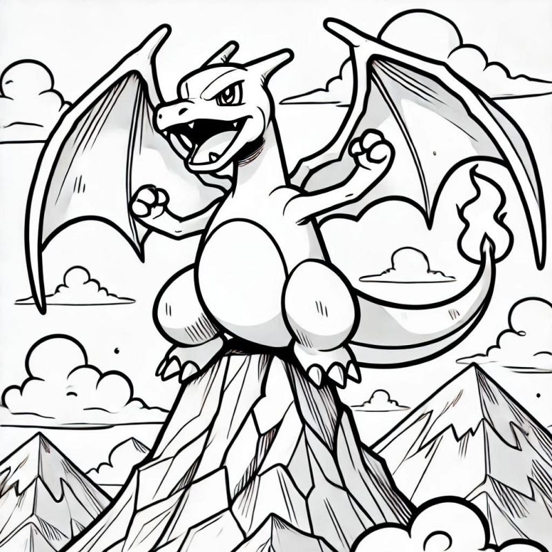 Desenho do Charizard, Pokémon dragão, posicionado no topo de uma montanha.