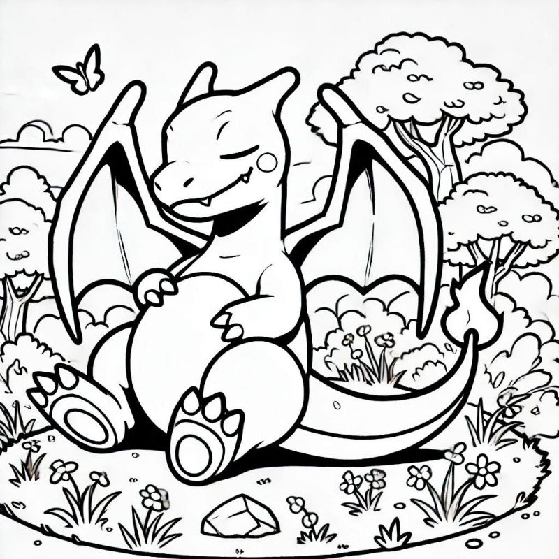 Charizard sentado em meio à natureza, um desenho para colorir.