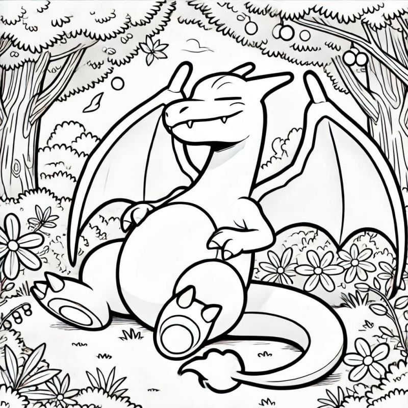 Charizard relaxado deitado em floresta para colorir