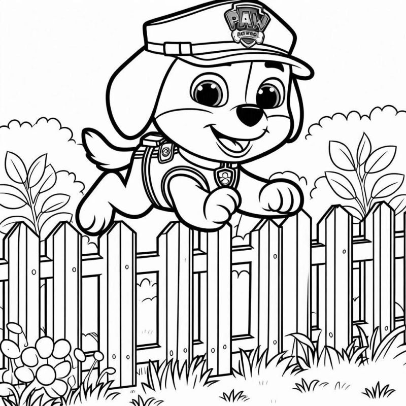 Desenho de Chase, o cachorro policial da Patrulha Canina, saltando sobre uma cerca para colorir.