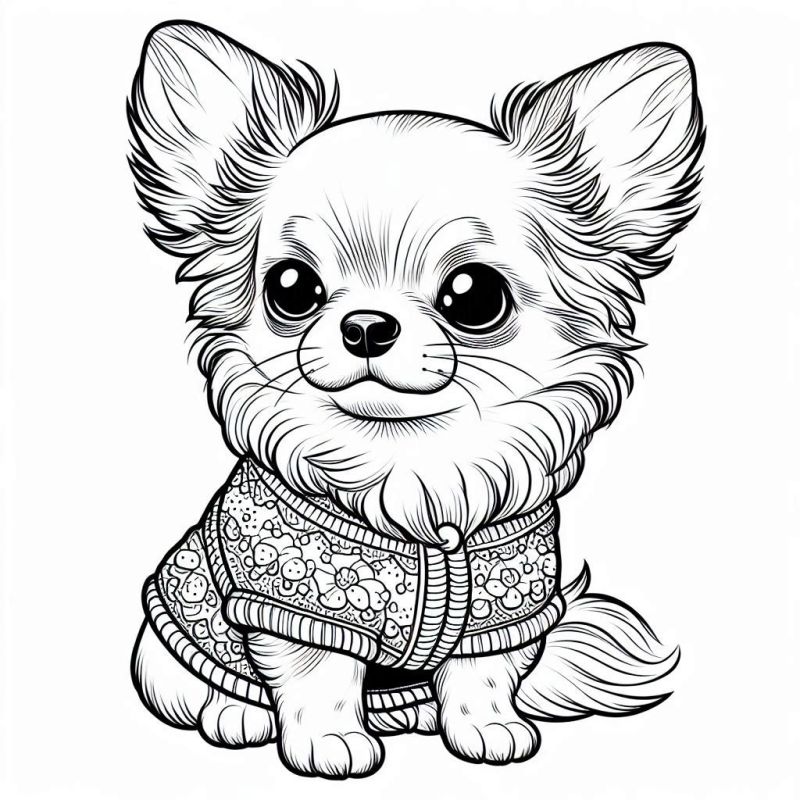 Desenho de Chihuahua para colorir, com blusa e detalhes elegantes