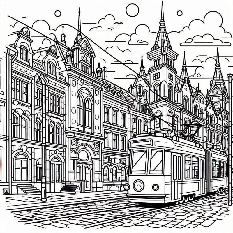 Desenho detalhado de uma cidade europeia com bonde para colorir