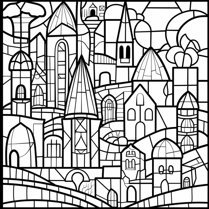 Desenho de Cidade Imaginária Estilo Vitral para Colorir