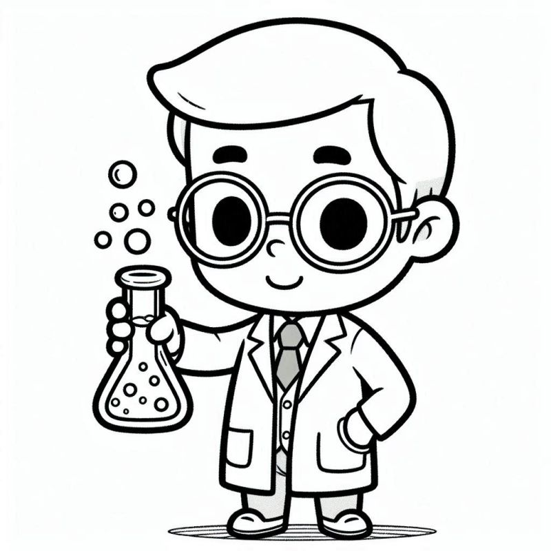 Desenho para colorir de cientista infantil fofinho com jaleco e erlenmeyer