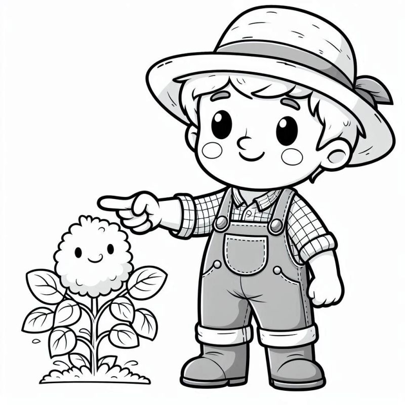 Desenho para Colorir: Agricultor e Planta Animada