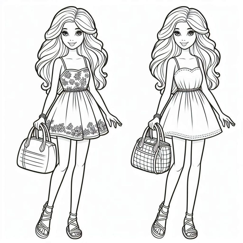 Desenho de duas Barbies para colorir, destacando moda e estilo