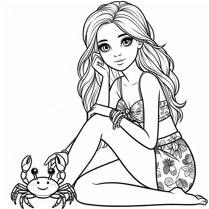 Desenho da Barbie relaxando na praia com um caranguejo para colorir