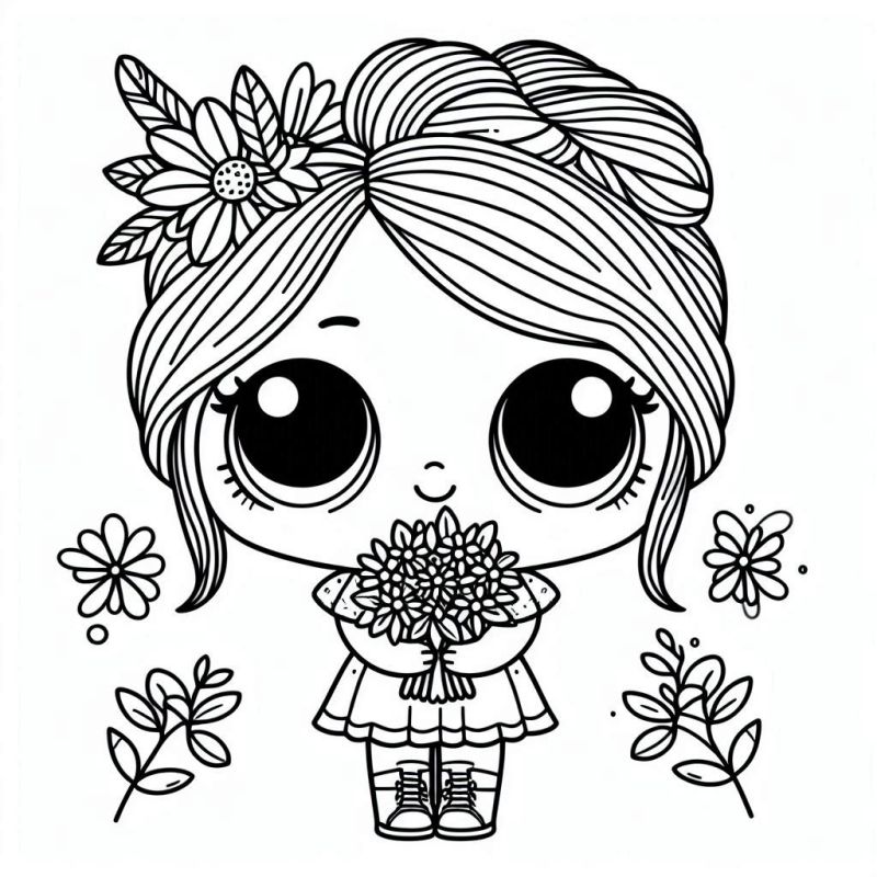 Desenho de boneca LOL com grandes olhos e buquê de flores para colorir