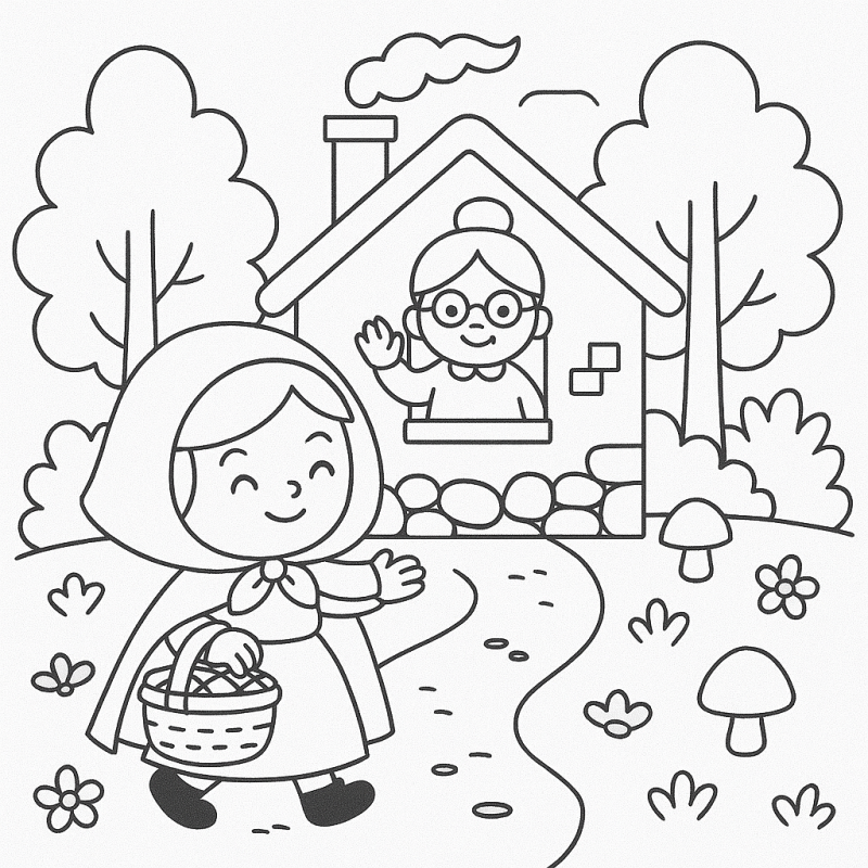 Desenho de Chapeuzinho Vermelho no Caminho Encantado para Colorir