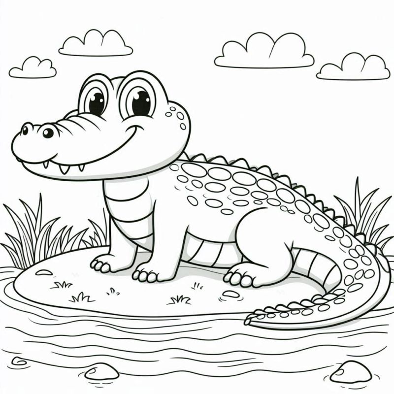 Desenho para colorir de um crocodilo sorridente na ilha