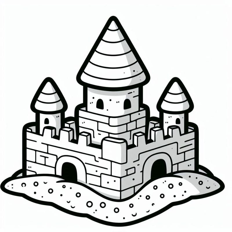 Desenho de um lindo castelo para colorir, com três torres e portas arqueadas.