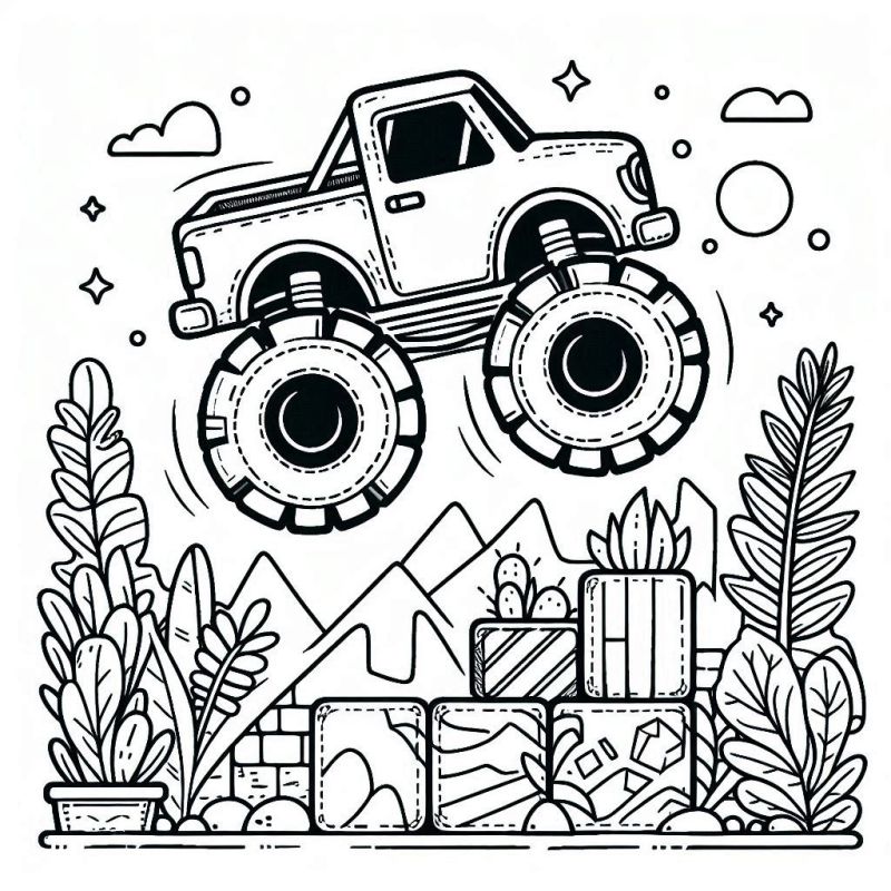 Desenho de Monster Truck saltando no ar com cenário natural