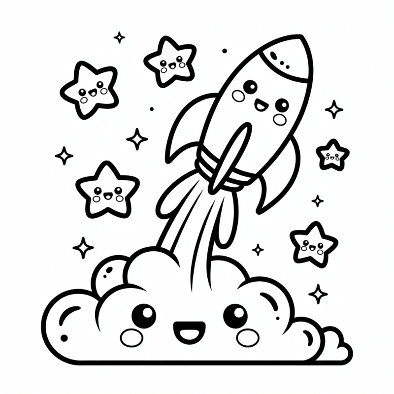 Foguete Sorridente e Estrelas Felizes para Colorir