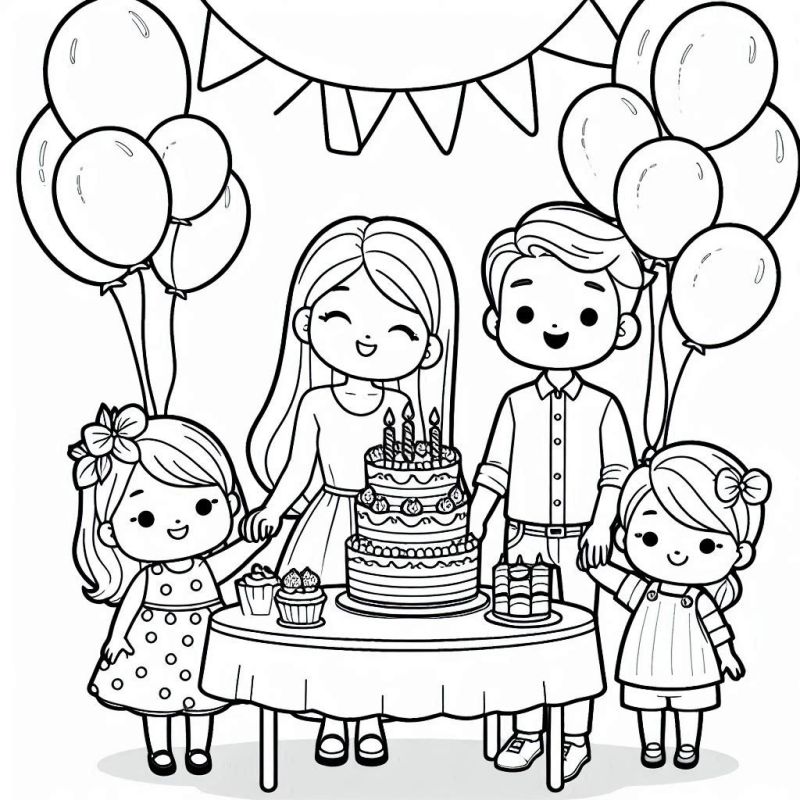 Desenho de Alegre Festa de Aniversário em Família para Colorir