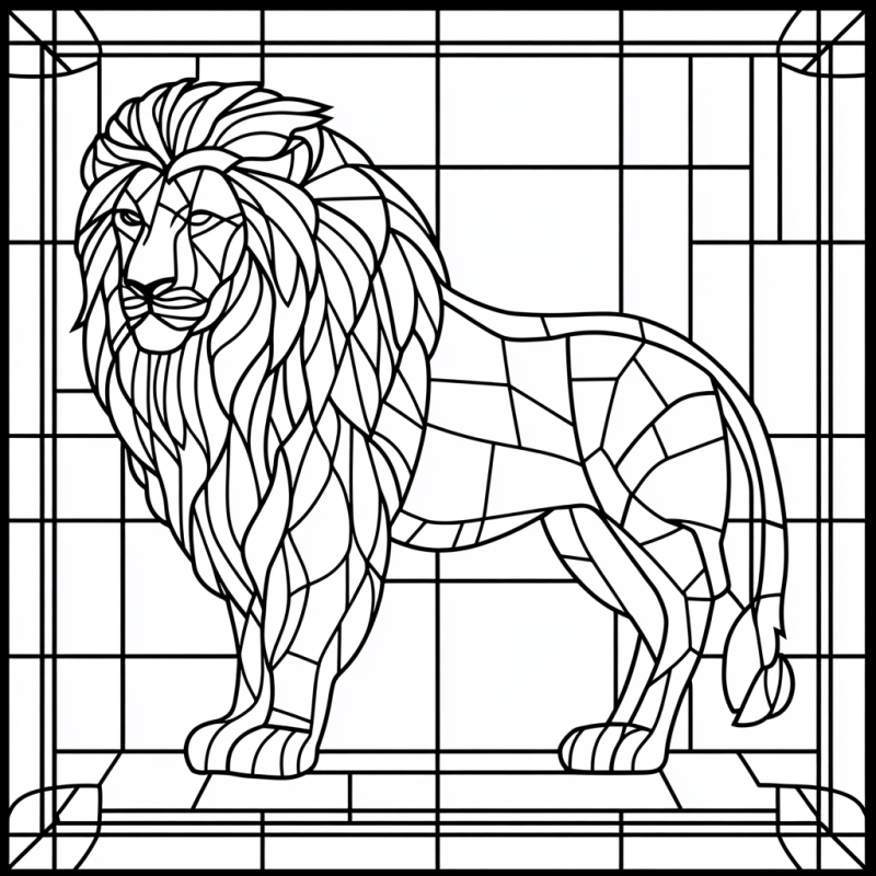 Desenho de leão em estilo mosaico vitral para colorir