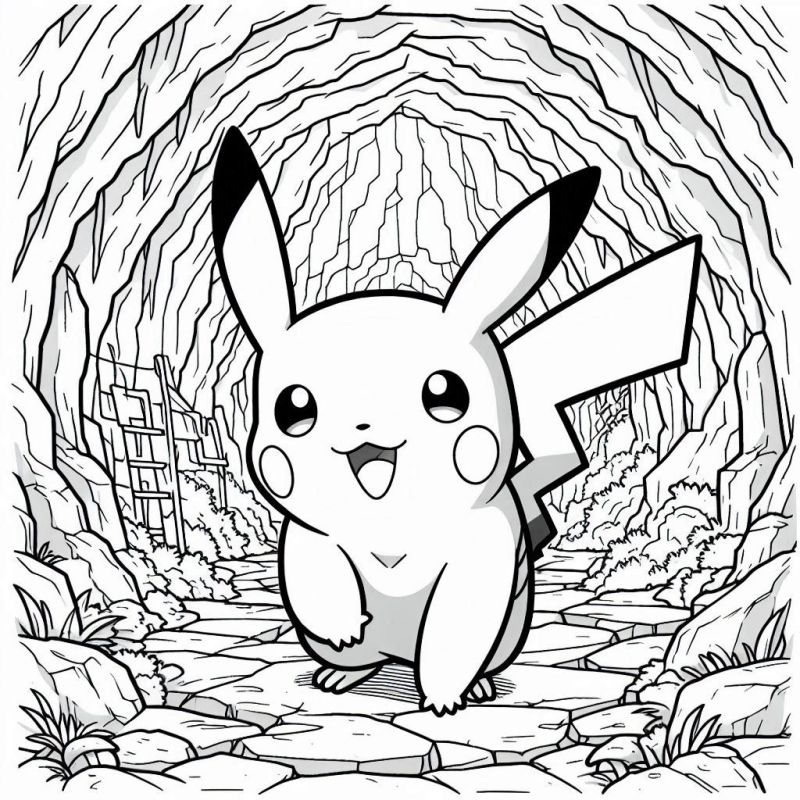 Desenho do Pikachu Alegre Explorando uma Caverna Detalhada para Colorir