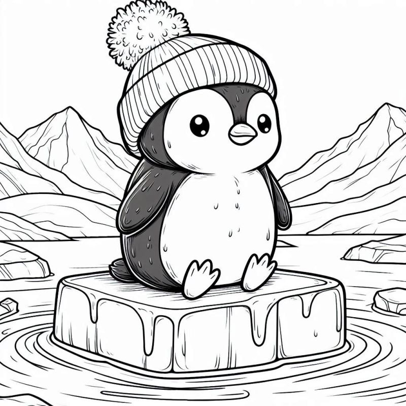 Desenho fofo de um pequeno pinguim sentado no gelo com gorro de inverno para colorir