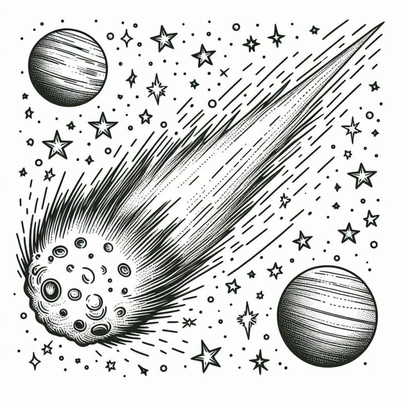 Desenho para colorir de cometa em movimento com planetas e estrelas