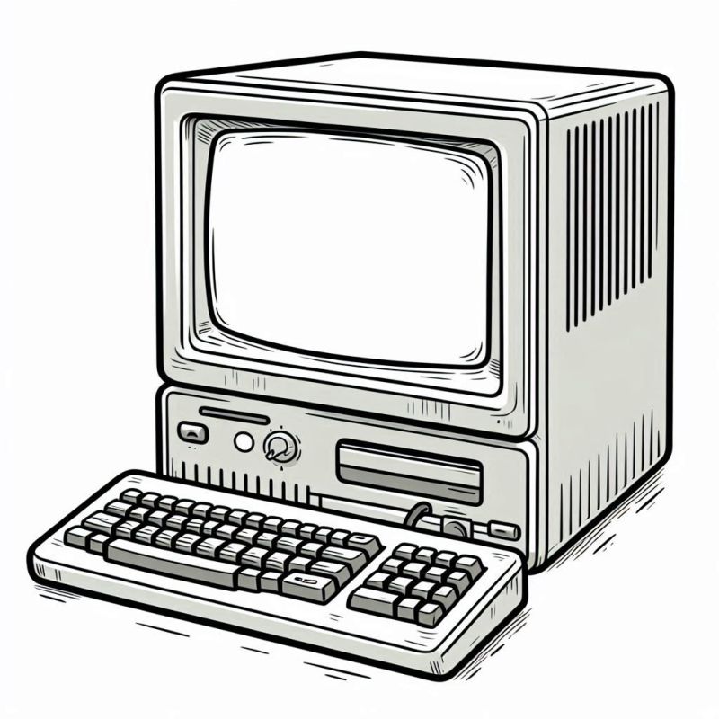 Desenho de computador vintage para colorir com monitor e teclado clássico