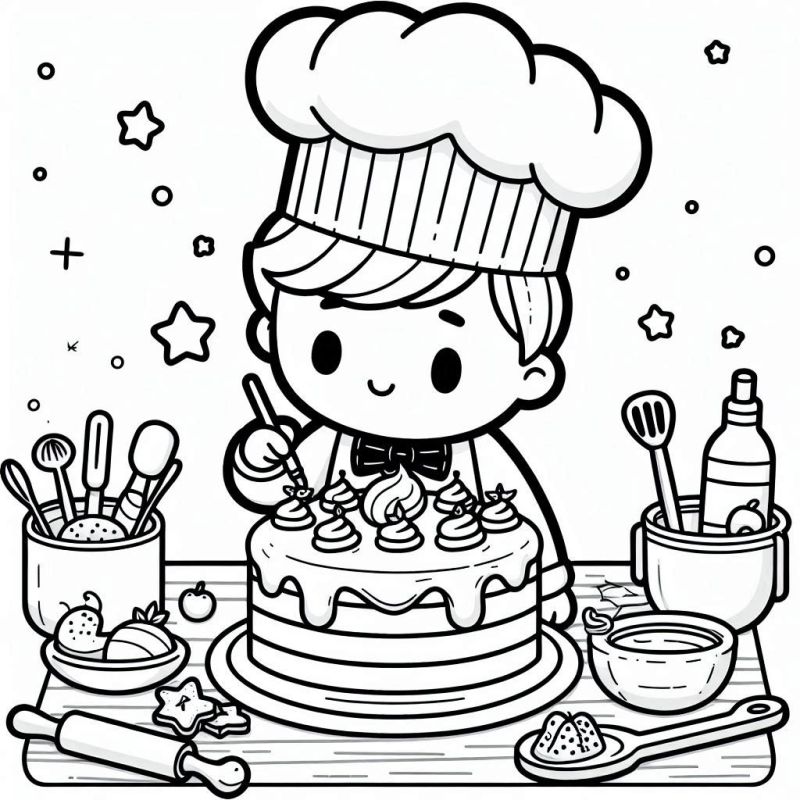 Desenho para colorir de um confeiteiro alegre com grande chapéu de chef