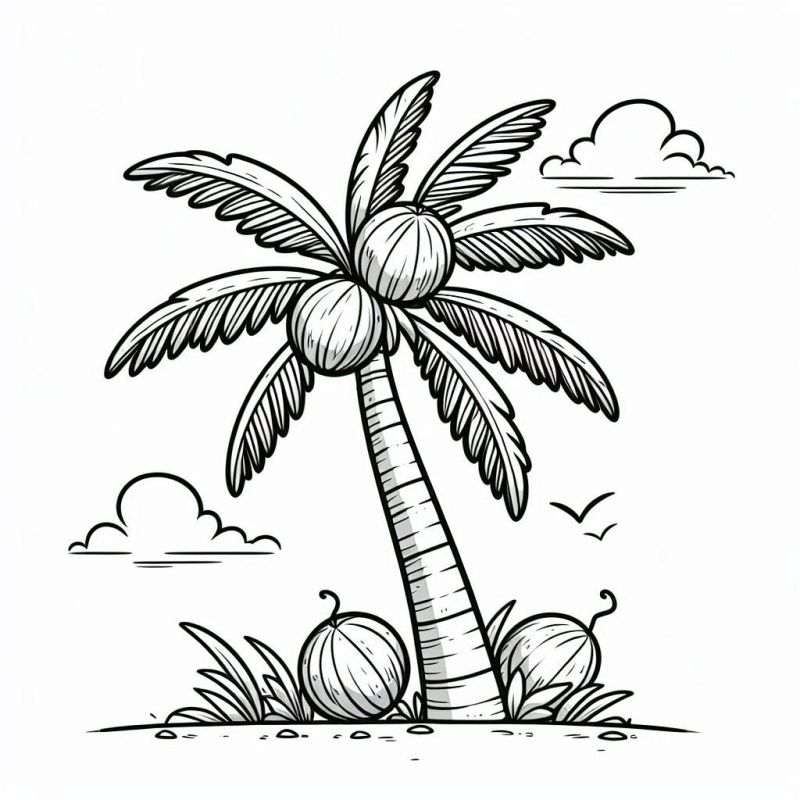 Desenho de coqueiro tropical com cocos para colorir