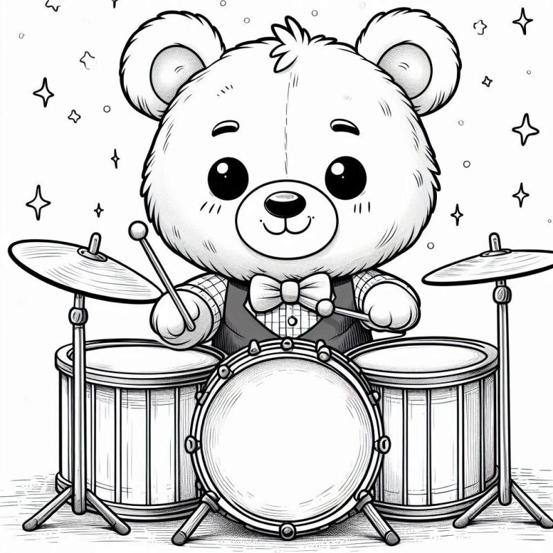 Desenho de Urso Tocando Bateria para Colorir