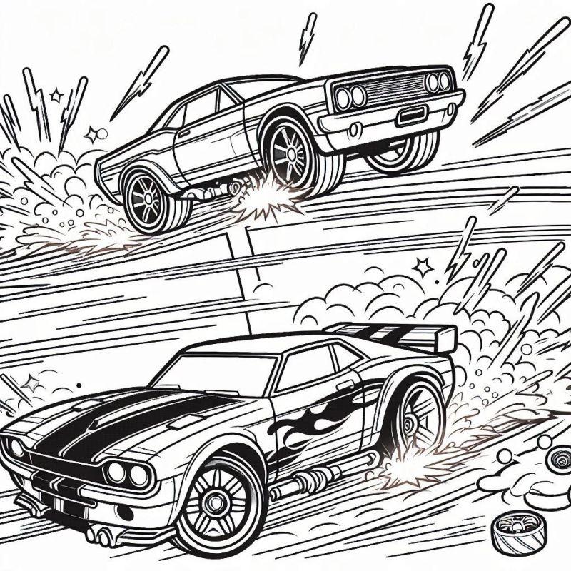 Desenho de dois carros Hot Wheels em alta velocidade, com relâmpagos e faíscas ao fundo.