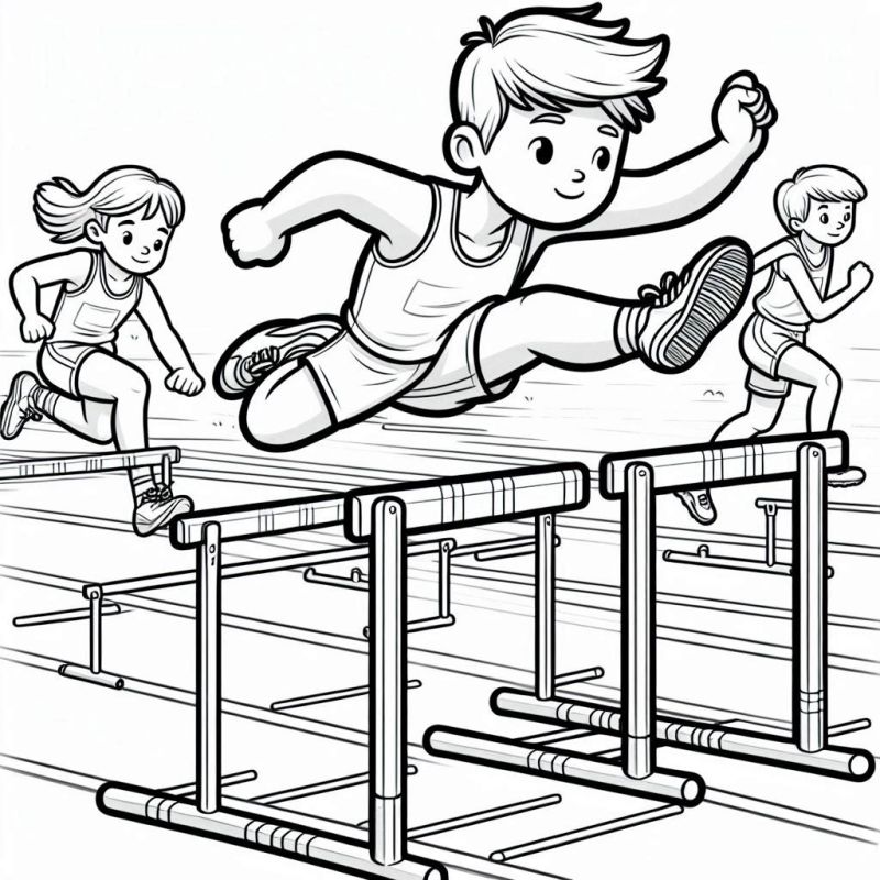 Desenho de corrida de obstáculos olímpica para colorir, com três personagens jovens correndo e saltando barreiras.