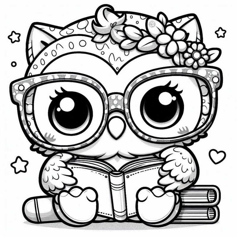 Adorável desenho kawaii de uma corujinha com óculos e flores, segurando um livro para colorir