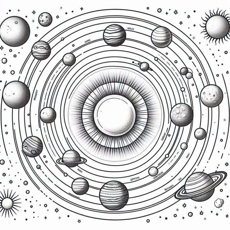 Desenho do Sistema Solar para colorir, com sol, planetas e elementos celestes