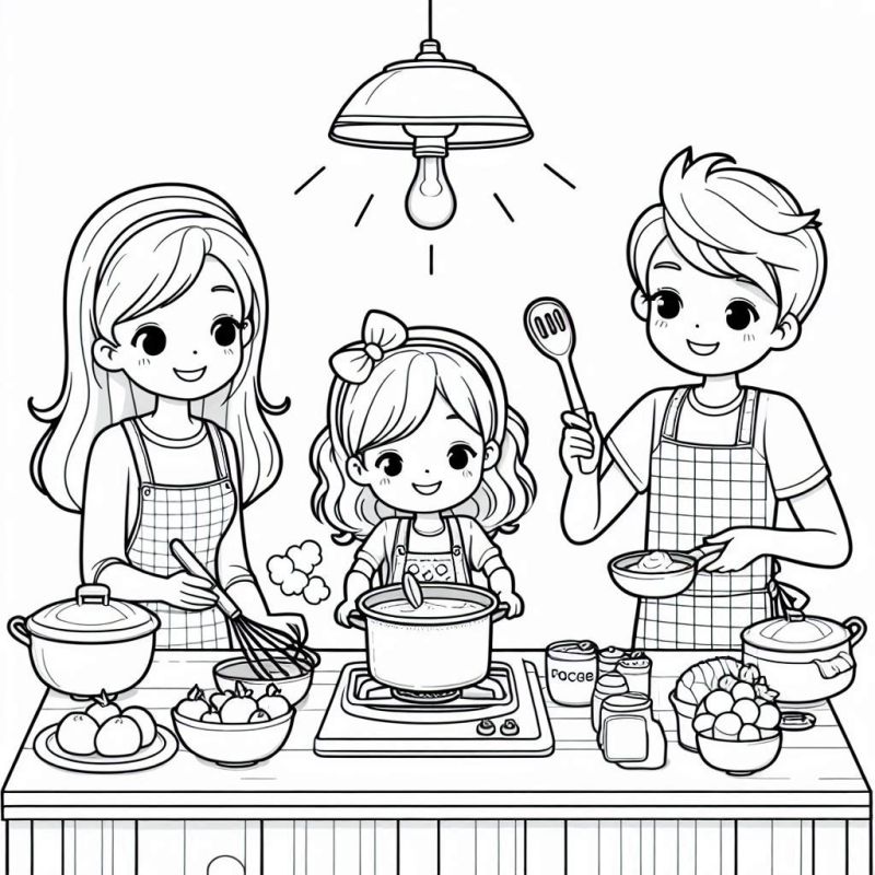 Desenho de Família Cozinhando: Divirta-se Colorindo!